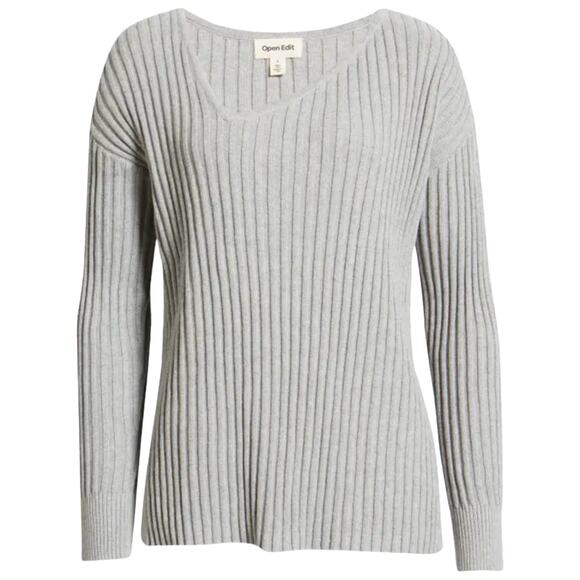 NEW Open Edit Ribbed Sweater Asymmetric Vneck Tunic Long Sleeve Gray Size Small - Picture 1 of 8